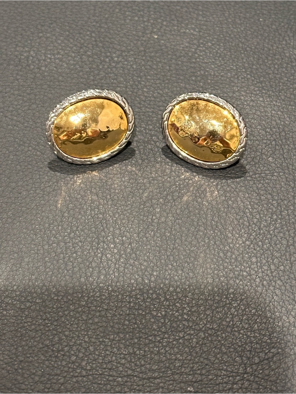 Vintage Two Tone Oval Clip On Earrings Gold Silver Textured Statement Jewelry